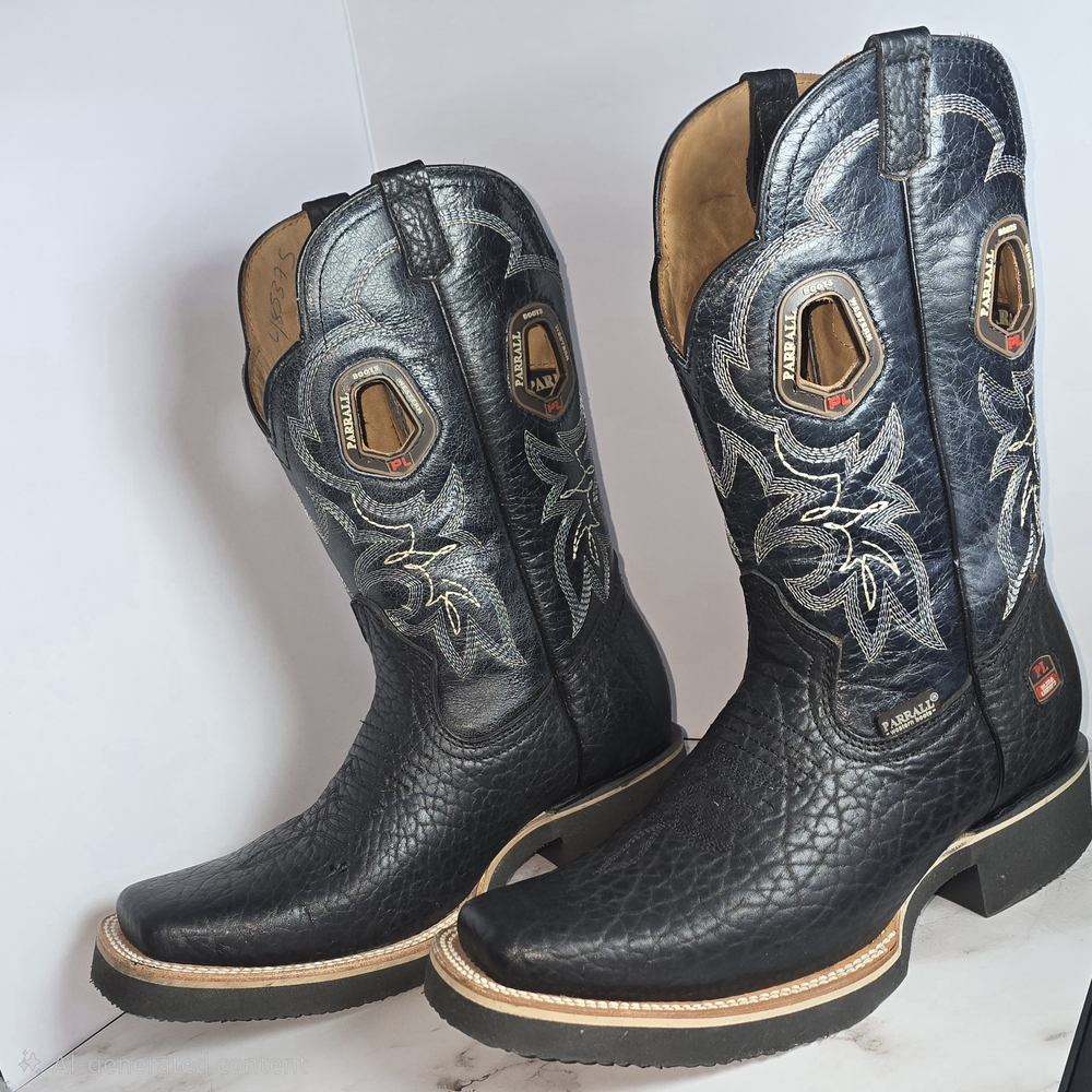Parrall Men’s Black Textured Leather Square Toe Rodeo Cowboy Western Boot 9.5